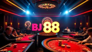 Engaged players at BJ 888 poker tables with vibrant casino ambiance.