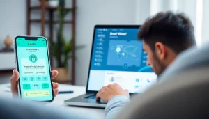 快连VPN application interface displayed on smartphone and laptop, showcasing security features and user-friendly design.