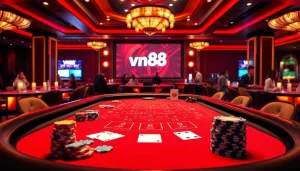 Engaging vn88 players in a luxurious casino setting with vibrant gaming tables and chips.