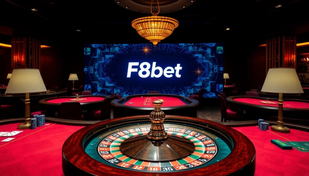 Experience high-stakes excitement at F8bet casino tables with roulette, cards, and poker chips.