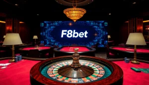 Experience high-stakes excitement at F8bet casino tables with roulette, cards, and poker chips.