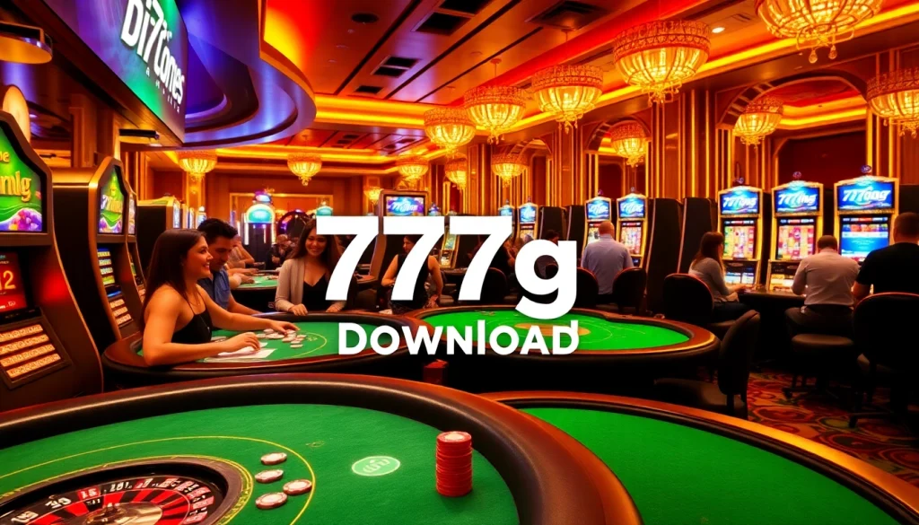 Experience the thrill of gambling with the 777g Download logo displayed in a luxurious casino scene featuring vibrant game tables and players.