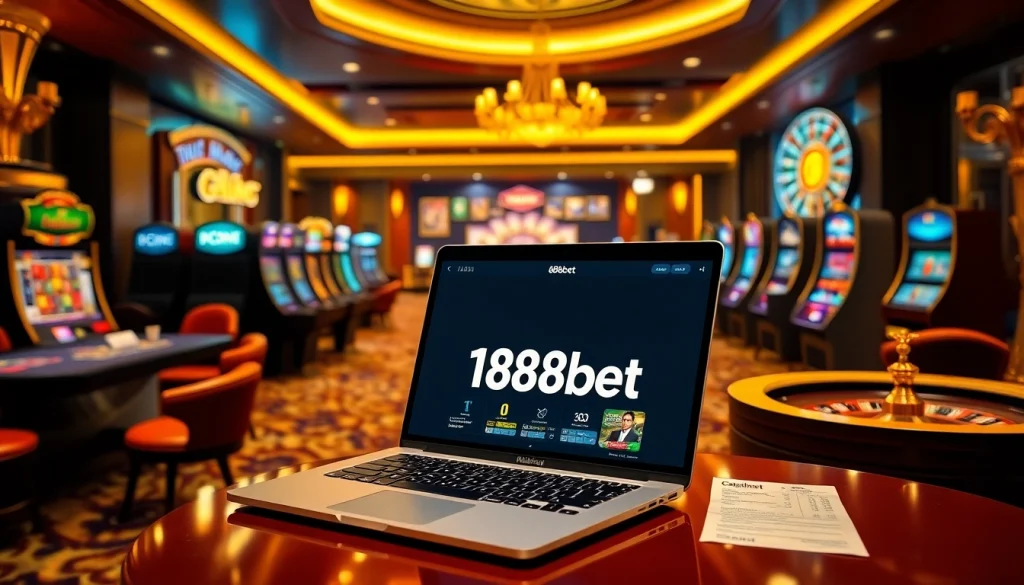 Experience the thrill of 188bet with vibrant casino games on a sleek laptop and luxurious gaming elements.