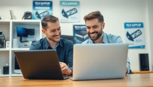 Technician providing computer help to a client in a modern workspace.