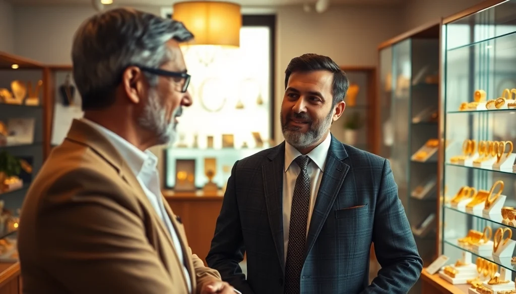 Goldankauf in der Nähe mit einem freundlichen Berater, der Goldschmuck präsentiert.