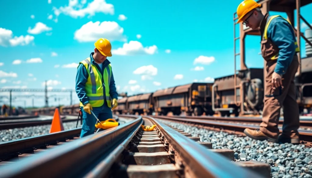 Railroad Contractors Near Me inspecting railway tracks, emphasizing professionalism and safety.