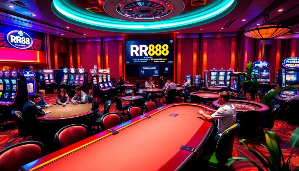 Engage with exciting gambling at RR88 featuring vibrant casino tables and slot machines.