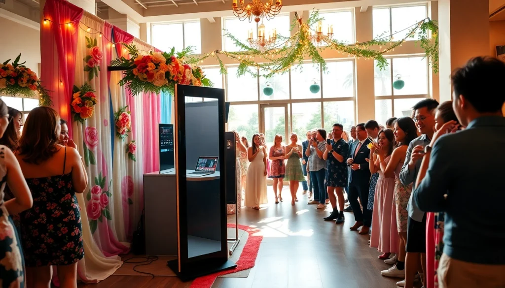 Rent a Photo Booth setup at a wedding, decorated with flowers and festive lights.