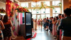 Rent a Photo Booth setup at a wedding, decorated with flowers and festive lights.