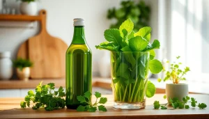 新鮮な野菜が添えられ、健康的な生活を象徴するキッチンカウンターの上に置かれた葉酸サプリのボトル。