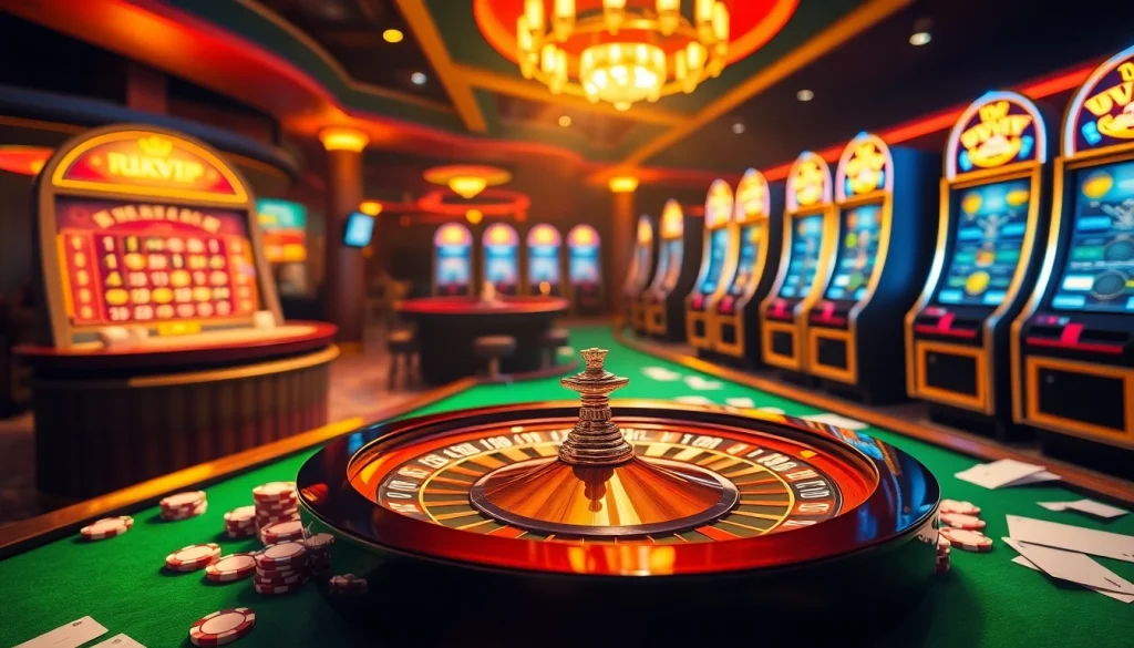 Engaging casino scene with vibrant poker chips and roulette wheel, highlighting rikvip.