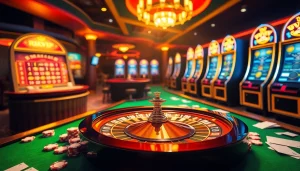 Engaging casino scene with vibrant poker chips and roulette wheel, highlighting rikvip.