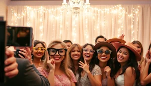Rent a Photo Booth at a wedding with guests happily posing and colorful decor.