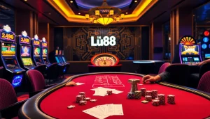 Experience thrilling gameplay at Lu88 casino with vibrant slot machines and a roulette wheel.