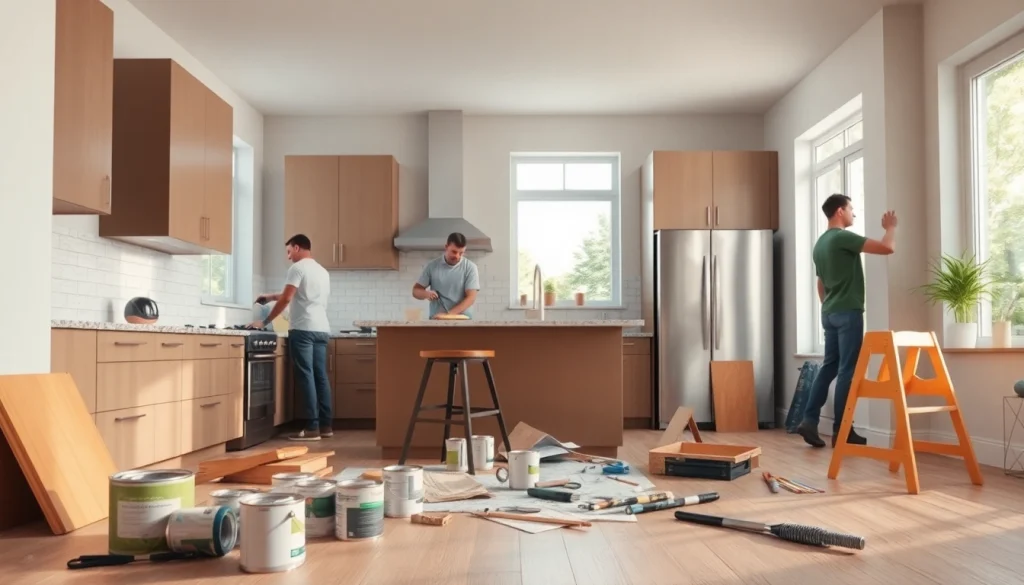 Enhancing a modern kitchen through home renovation process with dedicated professionals at work.