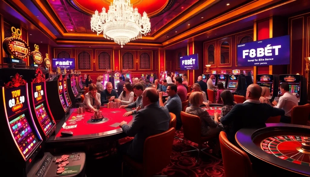 Exciting gameplay at F8 BET casino with vibrant slot machines and enthusiastic players.