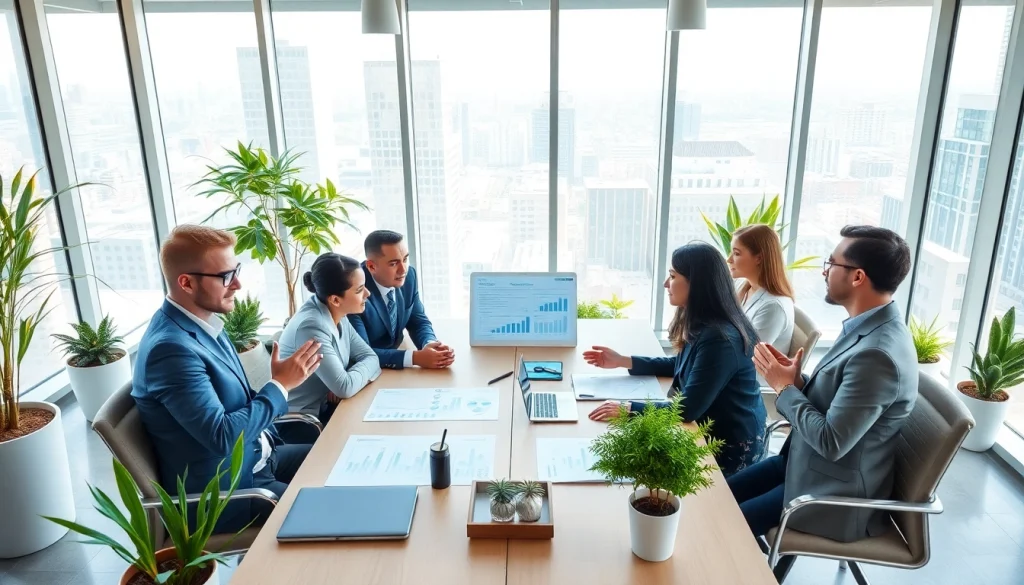Engaging business professionals collaborating during a meeting showcasing innovative ideas.