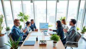 Engaging business professionals collaborating during a meeting showcasing innovative ideas.