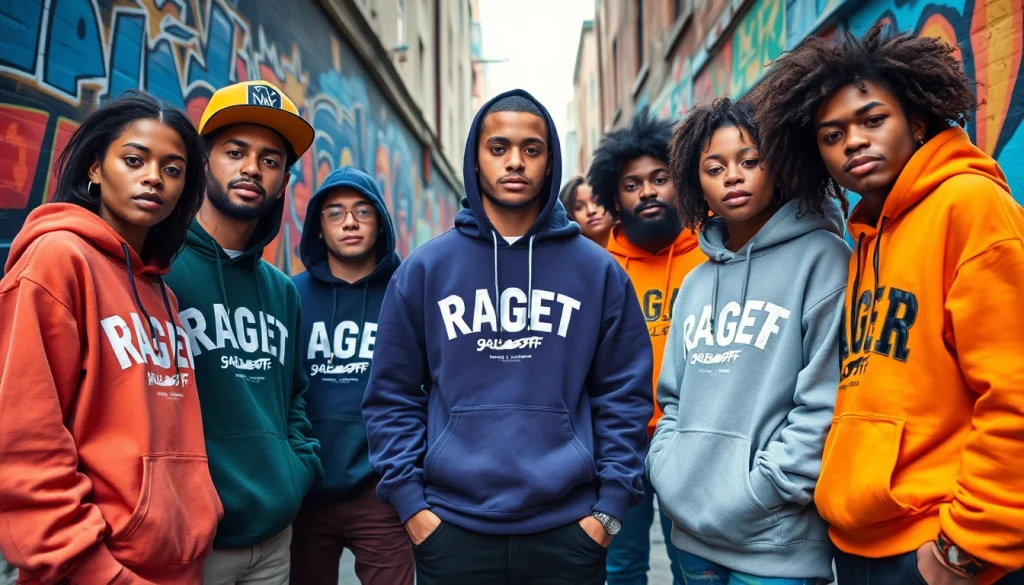 RageOff fashion brand showcasing stylish streetwear in an urban setting with diverse models.