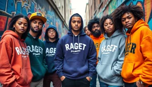 RageOff fashion brand showcasing stylish streetwear in an urban setting with diverse models.