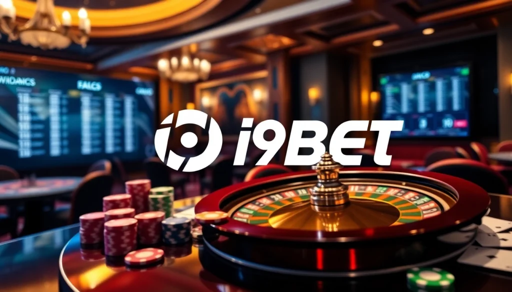 i9bet showcases an online casino with roulette, poker chips, and cards in a luxurious atmosphere.