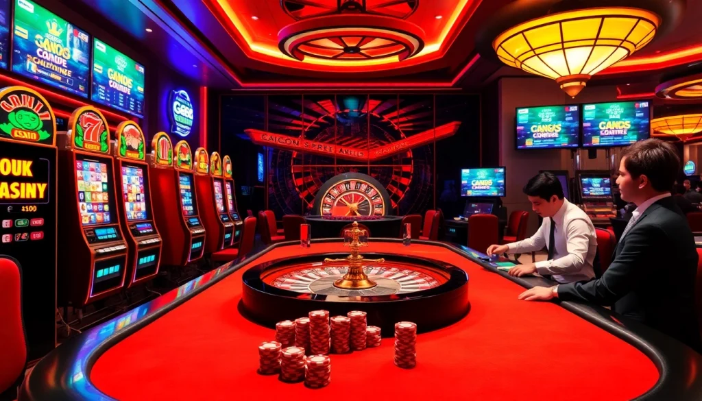 Exciting casino ambiance featuring GG88 slot machines and vibrant poker action in a luxury setting.
