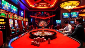 Exciting casino ambiance featuring GG88 slot machines and vibrant poker action in a luxury setting.