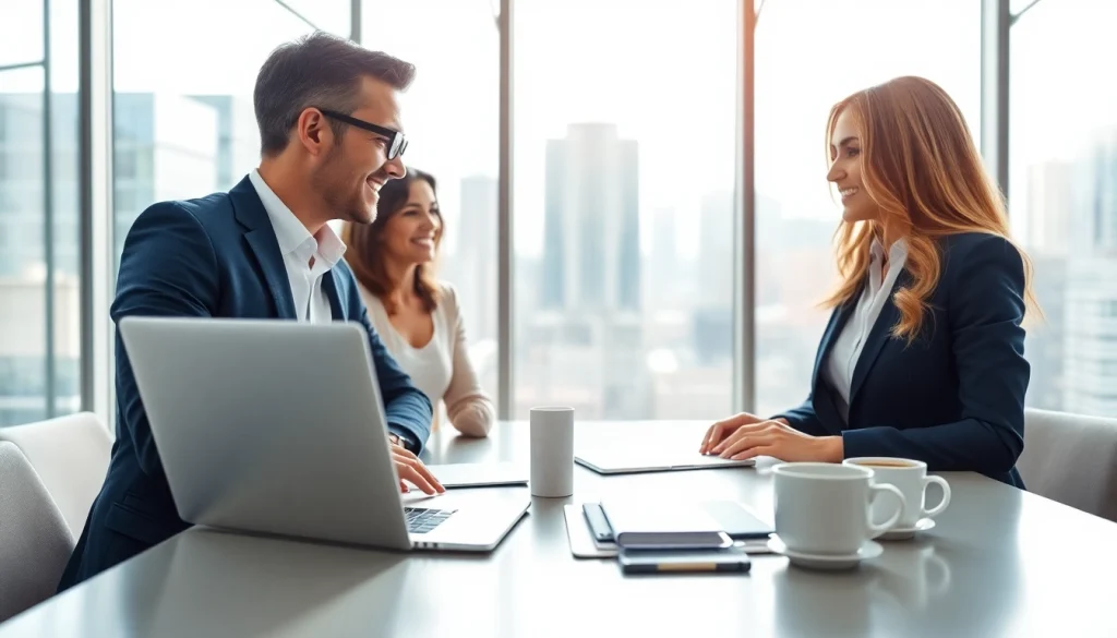 Real Estate agent showcasing properties in a modern office, engaging clients professionally.