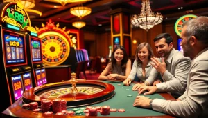 Exciting lucky88 casino scene with vibrant slot machines and engaging players at blackjack tables.