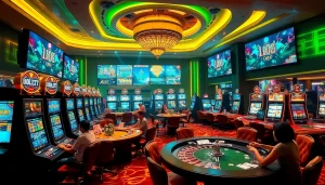 Experience thrilling gameplay at thabet1 net with vibrant casino scenes featuring slot machines and roulette.