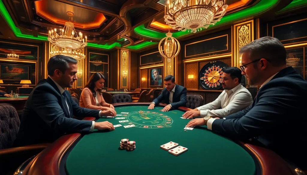 Players enjoying a high-stakes game at a KJC-branded poker table in a luxurious casino.