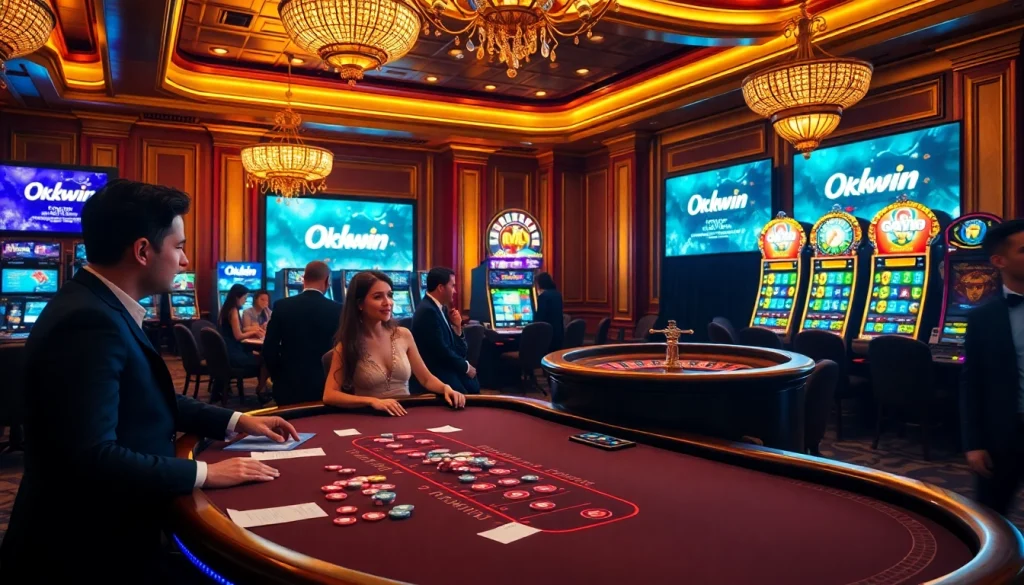 Experience thrilling gameplay at Okwin's vibrant casino tables filled with colorful chips and exciting wagering opportunities.