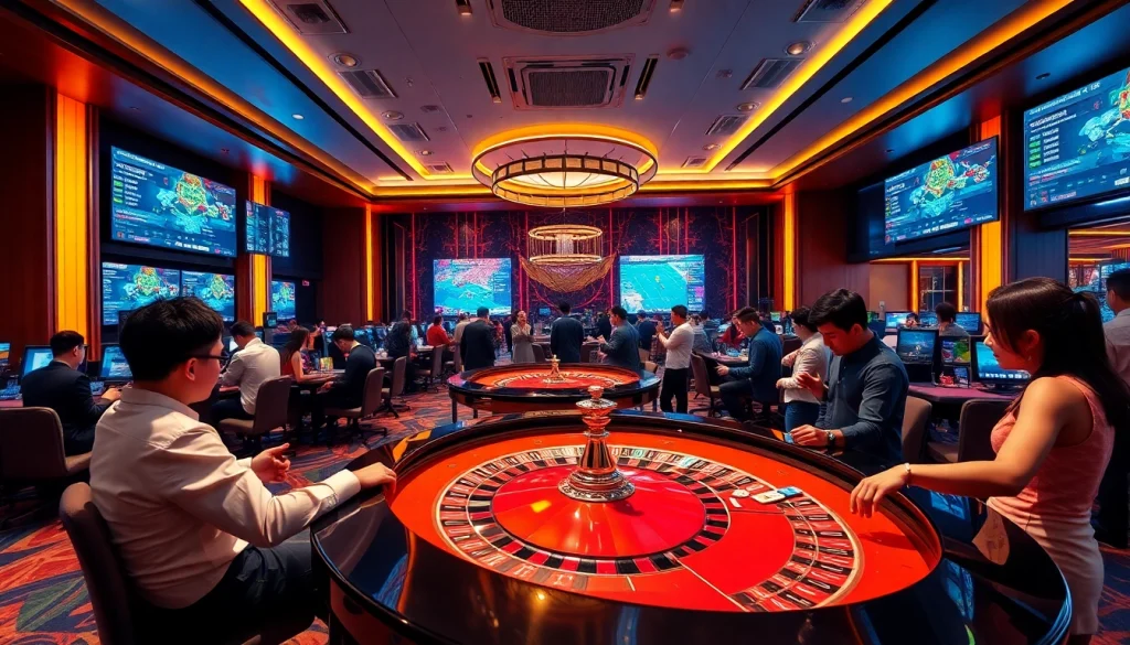 Thể Thao KG88 sports betting scene featuring enthusiastic players and vibrant casino tables.