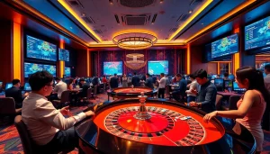 Thể Thao KG88 sports betting scene featuring enthusiastic players and vibrant casino tables.