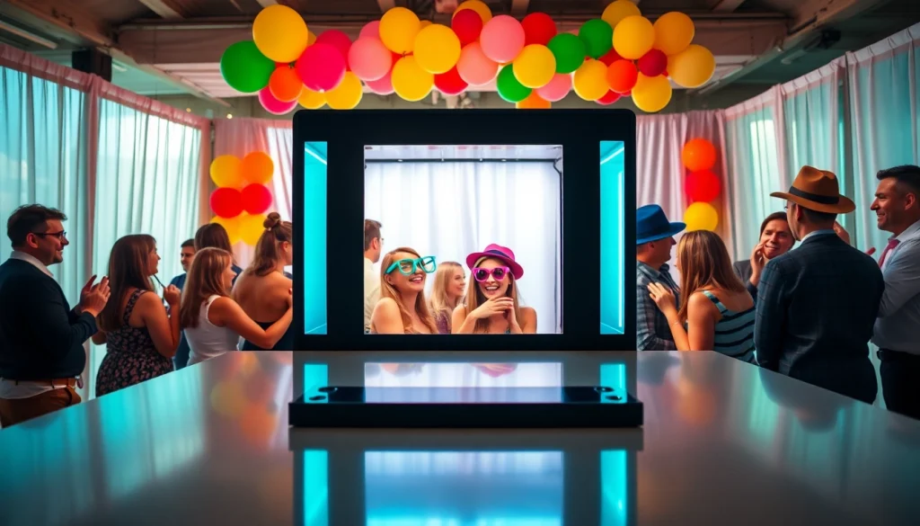Rent a Photo Booth at a lively event featuring joyful guests and vibrant decor.