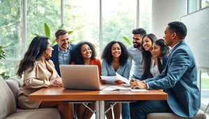 Engaged business professionals collaborating in a modern office setting that emphasizes the Business theme.