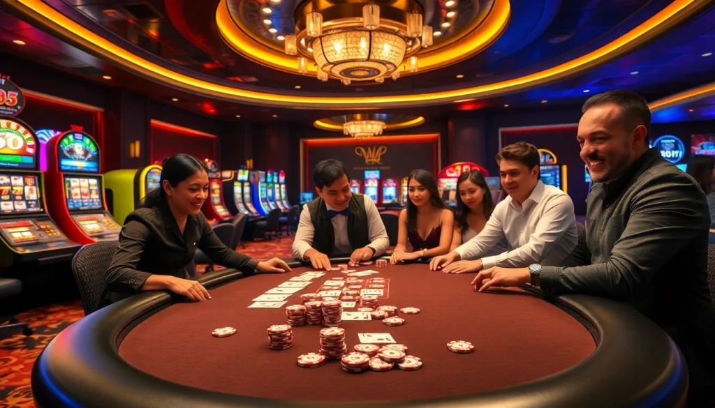 Engaging players at a luxurious mm88-themed casino table with exciting poker action.