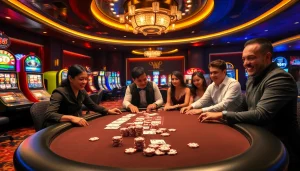 Engaging players at a luxurious mm88-themed casino table with exciting poker action.