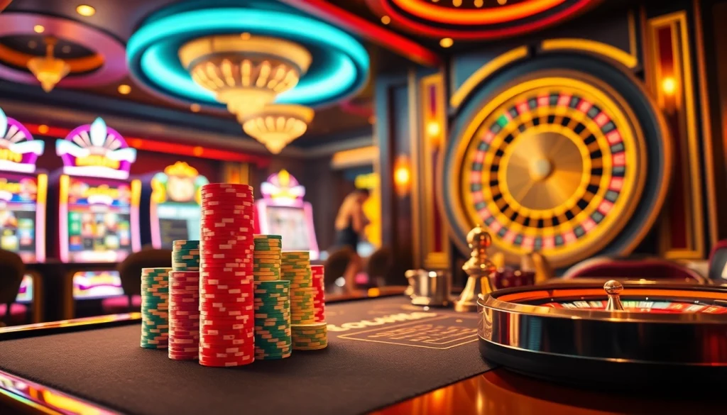 Experience the thrill of thabet gaming with a vibrant casino atmosphere featuring modern gaming tables and neon lights.