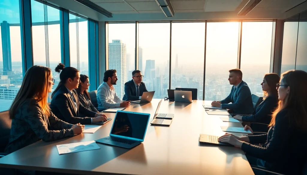 Engage in impactful business discussions in a modern office setting with diverse professionals.