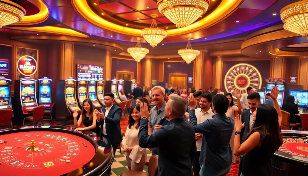 Excited gamblers placing bets at 20bet's vibrant, luxurious casino.