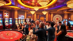 Excited gamblers placing bets at 20bet's vibrant, luxurious casino.
