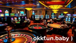 Engaged players at a casino table enjoying excitement at https://okfun.baby/ with vibrant slot machines in the background.