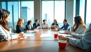 Engaged business professionals collaborating in a bright office setting.