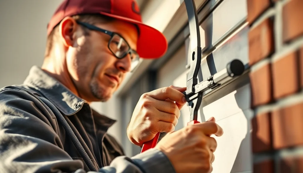 Garage door repair rockville md showcasing a technician expertly fixing a garage door for optimal performance.