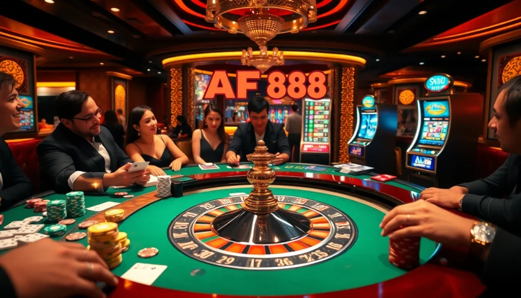 Players enjoying thrilling roulette action at a casino with AF88 branding elements present.