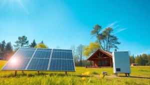 Off grid solar system installation with solar panels, batteries, and inverter in a serene countryside setting.