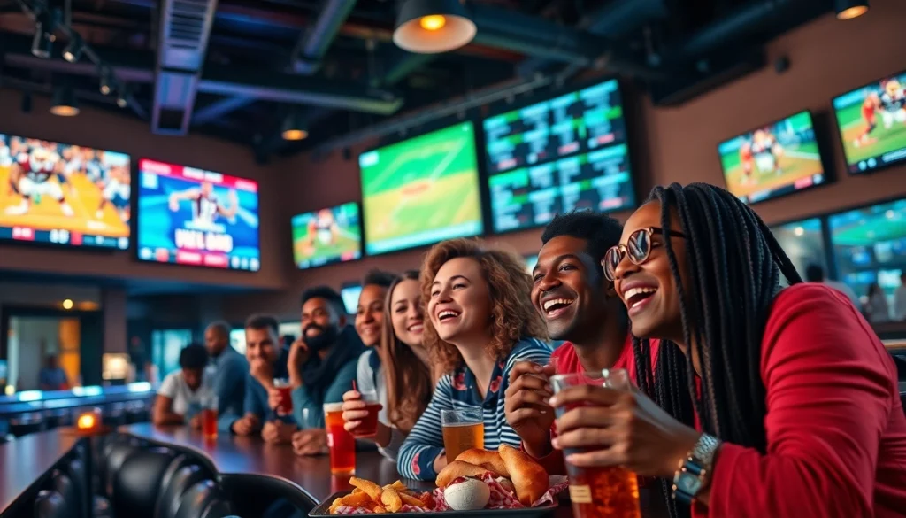 Engaged fans celebrating sports betting in Georgia at a vibrant sports bar.