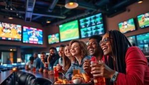 Engaged fans celebrating sports betting in Georgia at a vibrant sports bar.