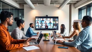 Seamless collaboration using Microsoft Teams下载 in a modern office setting with a diverse team.